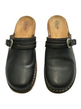 Clarks Women's Black Leather Cork Clogs Size 9 1/2